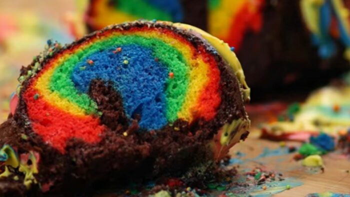 rainbow cake with chocolate frosting