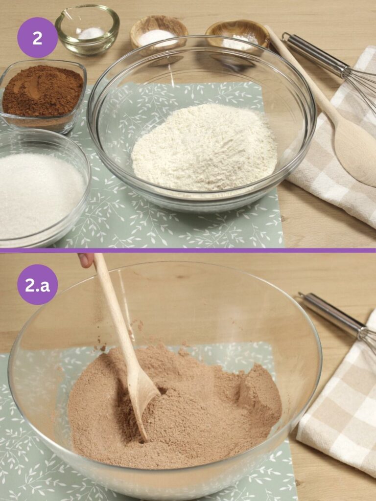 Mix dry ingredients baking powder, baking soda, salt, cocoa powder, and granulated sugar, for Matilda's Cake Recipe